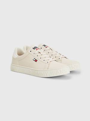 Tommy Hilfiger Logo Deri Cupsole Spor Ayakkabı Kadın Bej Rengi | TH064NQP