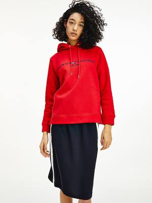 Tommy Hilfiger Logo Drawstring Regular Fit Kapüşonlu Sweatshirt Kadın Kırmızı | TH132ERL