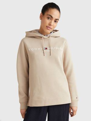 Tommy Hilfiger Logo Drawstring Regular Fit Kapüşonlu Sweatshirt Kadın Bej Rengi | TH195BKC