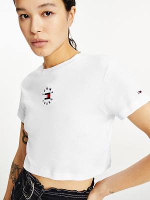 Tommy Hilfiger Logo Embroidery Cropped Tişört Kadın Beyaz | TH824NZH