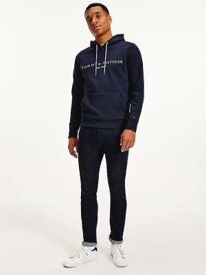 Tommy Hilfiger Logo Flex Fleece Kapüşonlu Sweatshirt Erkek Mavi | TH893VAD