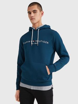 Tommy Hilfiger Logo Kapüşonlu Sweatshirt Erkek Mavi | TH523WSD