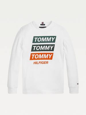 Tommy Hilfiger Logo Long Sleeve Organic Pamuklu Tişört Erkek Çocuk Beyaz | TH257LYA