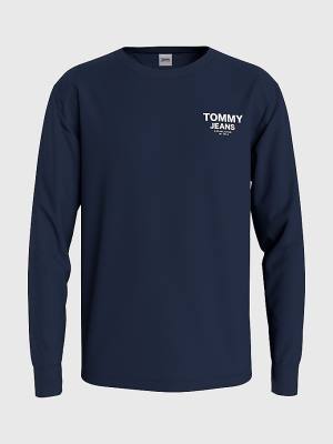 Tommy Hilfiger Logo Tape Long Sleeve Tişört Erkek Mavi | TH297ESP