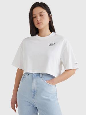 Tommy Hilfiger Logo Tape Oversized Cropped Tişört Kadın Beyaz | TH569OBJ