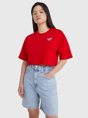 Tommy Hilfiger Logo Tape Oversized Cropped Tişört Kadın Kırmızı | TH962NJC