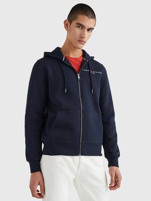 Tommy Hilfiger Logo Zip-Thru Kapüşonlu Sweatshirt Erkek Mavi | TH769MWC