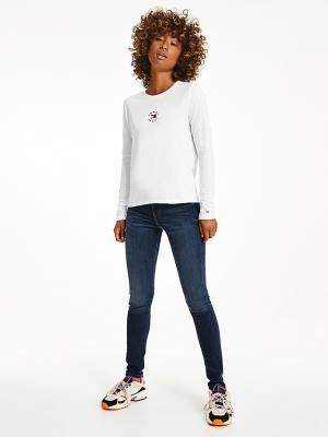 Tommy Hilfiger Long Sleeve Logo Slim Fit Tişört Kadın Beyaz | TH136QAS