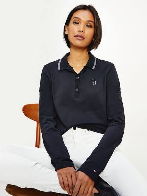 Tommy Hilfiger Long Sleeve Metallic Trim Polo Yaka Tişört Kadın Siyah | TH741WUS