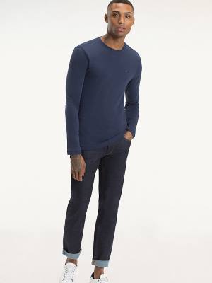 Tommy Hilfiger Long Sleeved Ribbed Organic Pamuklu Tişört Erkek Mavi | TH896JRL