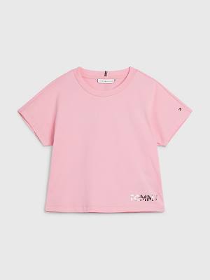 Tommy Hilfiger Metallic Logo Organic Pamuklu Tişört Kiz Çocuk Pembe | TH451EPM