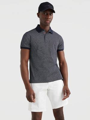 Tommy Hilfiger Micro Print Slim Fit Polo Yaka Tişört Erkek Mavi | TH901MQK