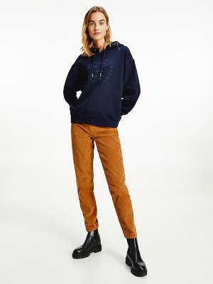 Tommy Hilfiger Monogram Organic Pamuklu Kapüşonlu Sweatshirt Kadın Mavi | TH182RMZ