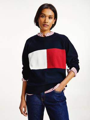 Tommy Hilfiger Organic Pamuklu Colour-Blocked Flag Jumper Kazak Kadın Mavi | TH980PXH