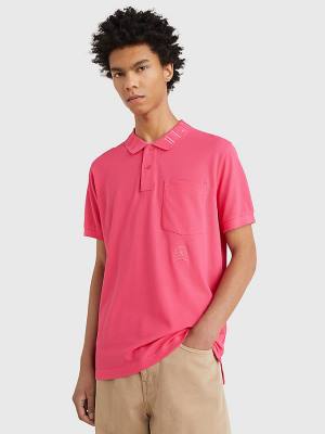 Tommy Hilfiger Organic Pamuklu Crest Embroidery Polo Yaka Tişört Erkek Pembe | TH107YQE