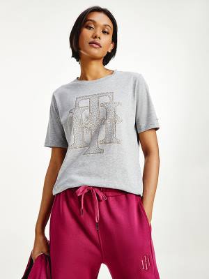 Tommy Hilfiger Organic Pamuklu Crystal Monogram Tişört Kadın Gri | TH086ELD