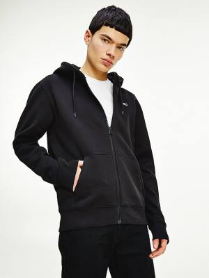 Tommy Hilfiger Organic Pamuklu Fleece Zip-Thru Kapüşonlu Sweatshirt Erkek Siyah | TH385MXN