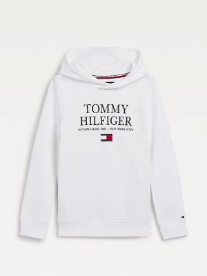 Tommy Hilfiger Organic Pamuklu Logo Kapüşonlu Sweatshirt Erkek Çocuk Beyaz | TH425URF