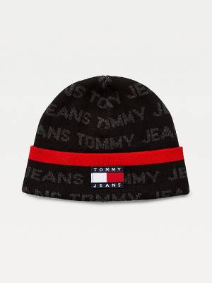 Tommy Hilfiger Organic Pamuklu Logo Print Beanie Şapka Erkek Siyah | TH310HGF