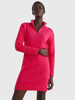 Tommy Hilfiger Organic Pamuklu Relaxed Fit Half-Zip Elbise Kadın Pembe | TH736IZR