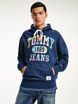 Tommy Hilfiger Organic Pamuklu Relaxed Tie-Dye Logo Kapüşonlu Sweatshirt Erkek Mavi | TH437BJX