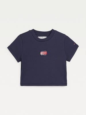 Tommy Hilfiger Organic Pamuklu Ribbed Crop Tişört Kiz Çocuk Mavi | TH459NSZ