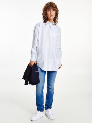 Tommy Hilfiger Organic Pamuklu Stripe Boyfriend Gömlek Kadın Mavi | TH486LOT