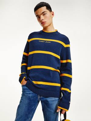 Tommy Hilfiger Organic Pamuklu Stripe Jumper Kazak Erkek Mavi | TH409KJA