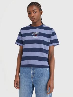 Tommy Hilfiger Organic Pamuklu Stripe Logo Tişört Kadın Mavi | TH031UKM