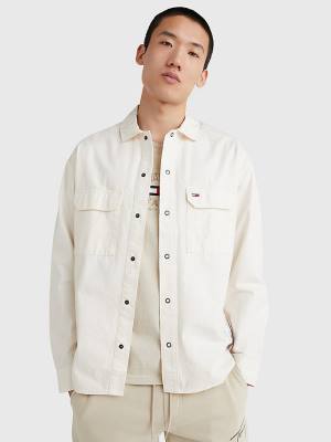 Tommy Hilfiger Organic Pamuklu Twill Overshirt Gömlek Erkek Beyaz | TH453DGC