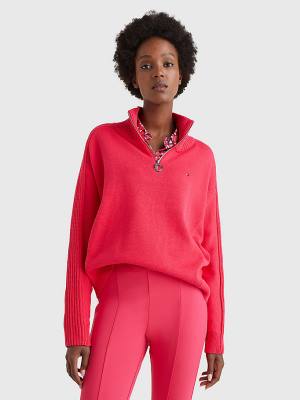 Tommy Hilfiger Oversized Half-Zip High Neck Jumper Kazak Kadın Pembe | TH210TYP