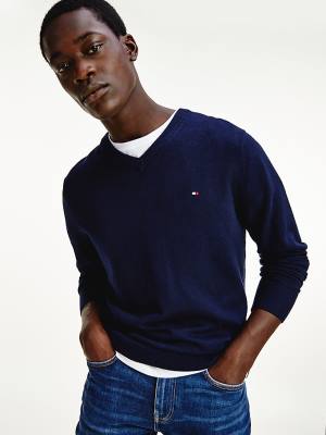 Tommy Hilfiger Pima Pamuklu Cashmere V-Neck Jumper Kazak Erkek Mavi | TH237ESB