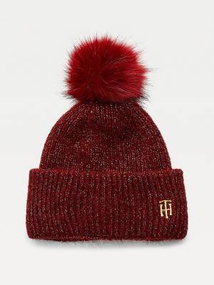 Tommy Hilfiger Pom Pom Metallic Rib-Knit Beanie Şapka Kadın Mor | TH850IST