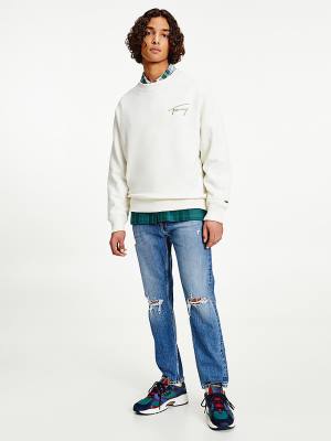 Tommy Hilfiger Recycled Signature Logo Relaxed Sweatshirt Erkek Beyaz | TH923ZMT