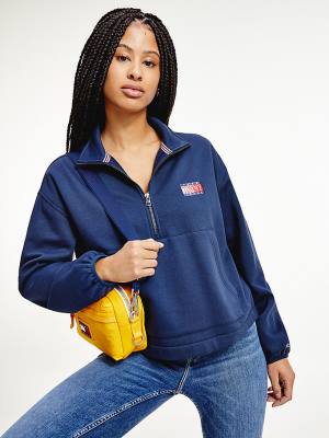 Tommy Hilfiger Relaxed Timeless Tommy Logo Half-Zip Sweatshirt Kapüşonlu Sweatshirt Kadın Mavi | TH063QWH