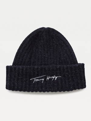 Tommy Hilfiger Signature Alpaca Wool Rib-Knit Beanie Şapka Kadın Mavi | TH367QVB