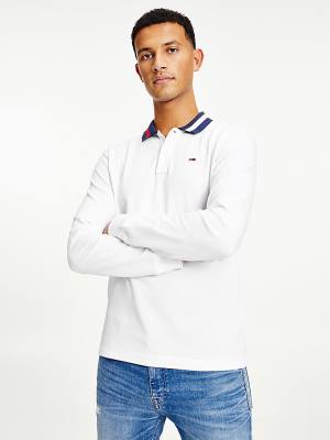 Tommy Hilfiger Signature Collar Regular Long Sleeve Polo Yaka Tişört Erkek Beyaz | TH468QVR