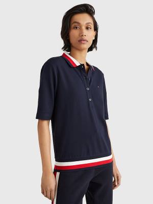 Tommy Hilfiger Signature Detail Half-Sleeve Polo Yaka Tişört Kadın Mavi | TH016SZQ