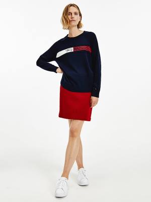 Tommy Hilfiger Signature Embroidery Organic Pamuklu Jumper Kazak Kadın Mavi | TH497PKN