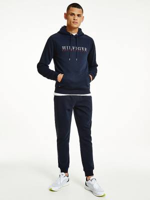 Tommy Hilfiger Signature Flex Fleece Logo Kapüşonlu Sweatshirt Erkek Mavi | TH850WXC