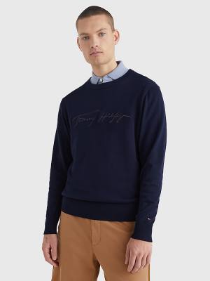 Tommy Hilfiger Signature Logo Embroidery Jumper Kazak Erkek Mavi | TH892WRN