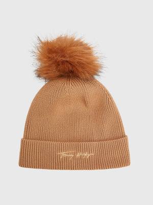 Tommy Hilfiger Signature Pom Pom Beanie Şapka Kadın Bej Rengi | TH510QOV