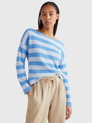 Tommy Hilfiger Stripe Tekne Neck Relaxed Fit Jumper Kazak Kadın Mavi | TH327MSQ