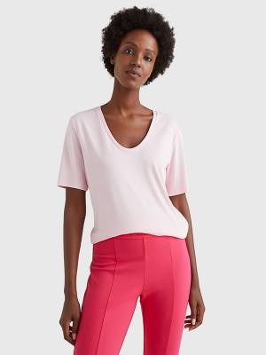 Tommy Hilfiger Sueded Scoop Neck Relaxed Tişört Kadın Pembe | TH420TRP