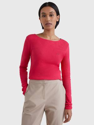 Tommy Hilfiger Tekne Neck Long Sleeve Skinny Tişört Kadın Pembe | TH059PDQ