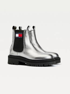 Tommy Hilfiger Tommy Badge Metallic Deri Krampon Bot Kadın Gri | TH406DYI