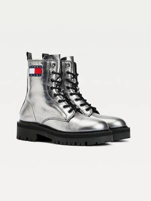 Tommy Hilfiger Tommy Badge Metallic Deri Krampon Bot Kadın Gri | TH468QOL