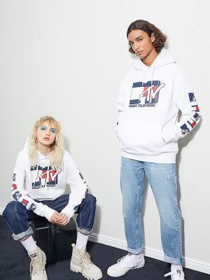 Tommy Hilfiger Tommy Jeans X MTV Kapüşonlu Sweatshirt Erkek Beyaz | TH908NRH