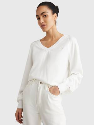 Tommy Hilfiger V-Neck Puff Sleeve Relaxed Fit Jumper Kazak Kadın Beyaz | TH759WOD