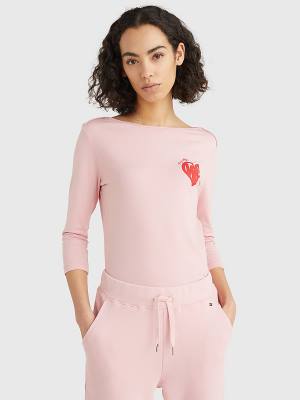 Tommy Hilfiger Valentines Heart Print Tekne Neck Tişört Kadın Pembe | TH190FBE